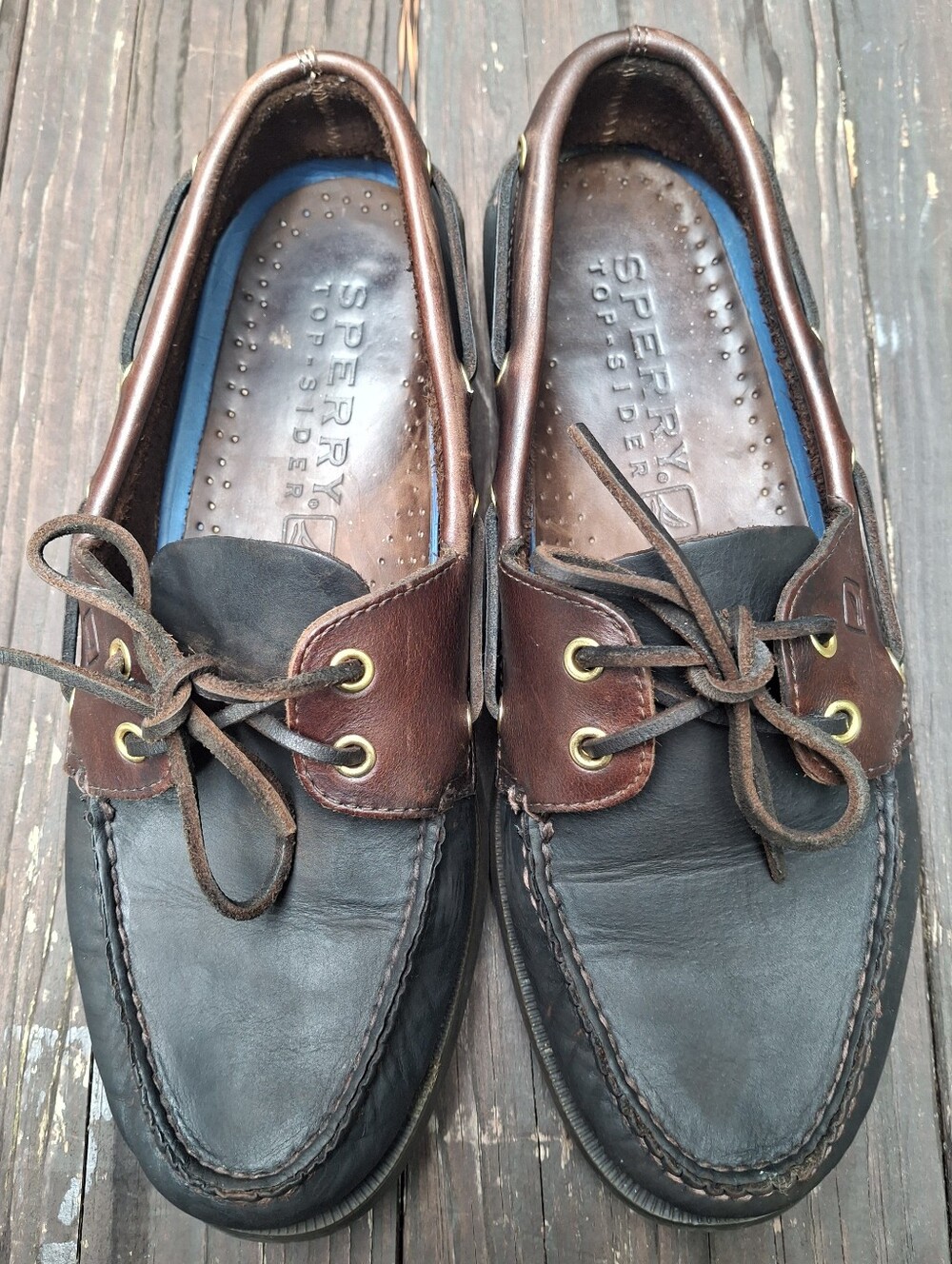 Sperry Two-Tone Black and Brown Leather Boat Shoes Size 10.5